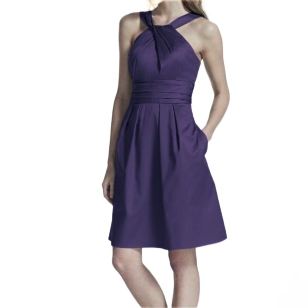 Davids Bridal Halter Y Neckline Ruched Waist 83690 Midi length Bridesmaid Dress